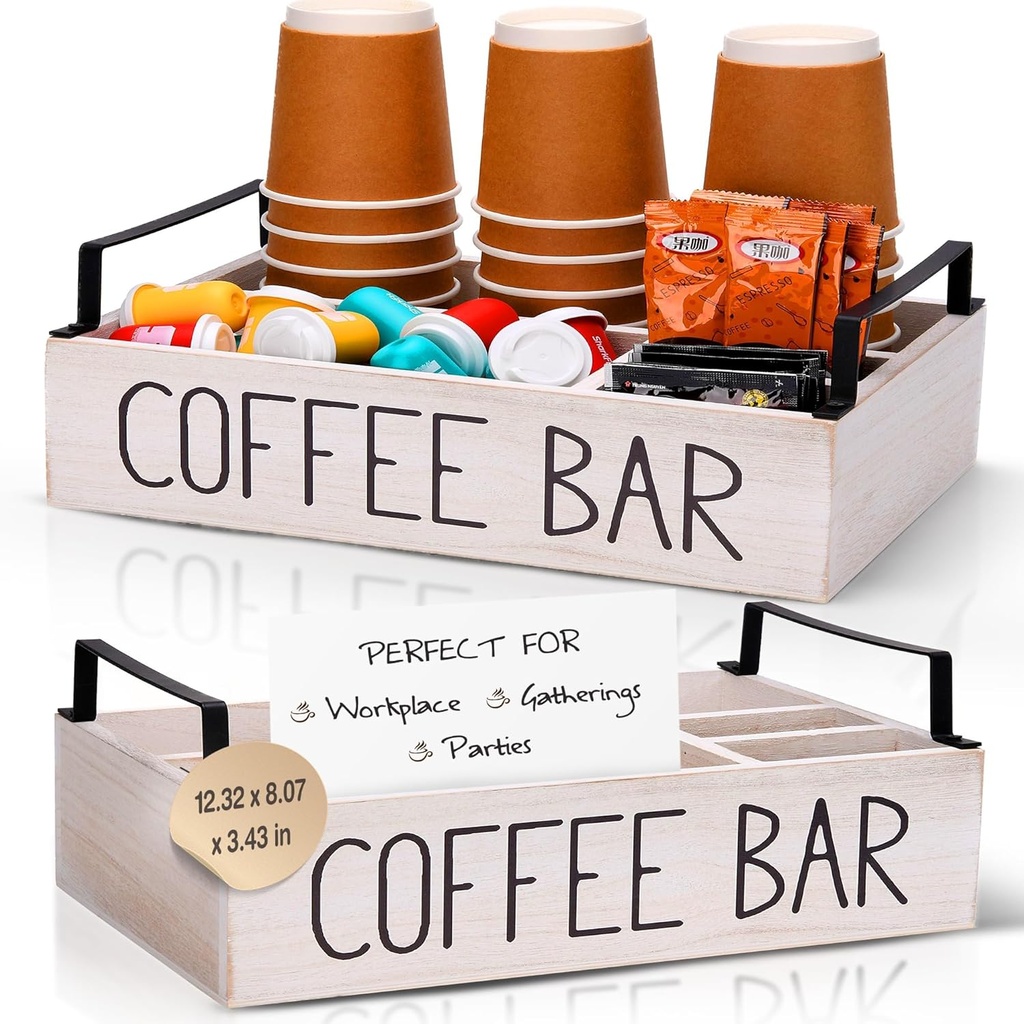Coffee Bar Organizer for Countertop, Wooden Coffee bar Accessories organizer with Handles and Pods Holder Storage Basket, Coffee Station Decor for Coffee and Tea Condiment.