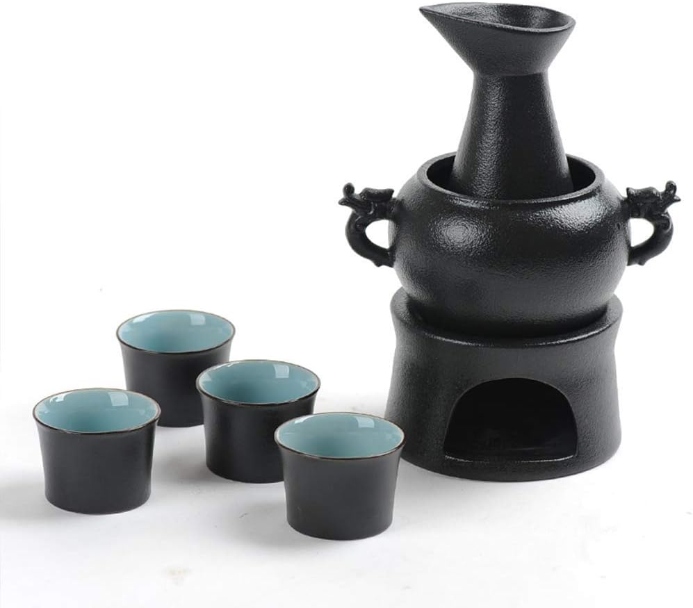 7 Pieces Sake Set, Black Glaze Wine Glasses with Warmer and Candle Stove, Quaint Texture Cyan Inner Wall, for Cold/Warm/Hot Sake/Shochu/Tea-Tableware
