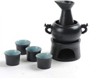 7 Pieces Sake Set, Black Glaze Wine Glasses with Warmer and Candle Stove, Quaint Texture Cyan Inner Wall, for Cold/Warm/Hot Sake/Shochu/Tea-Tableware