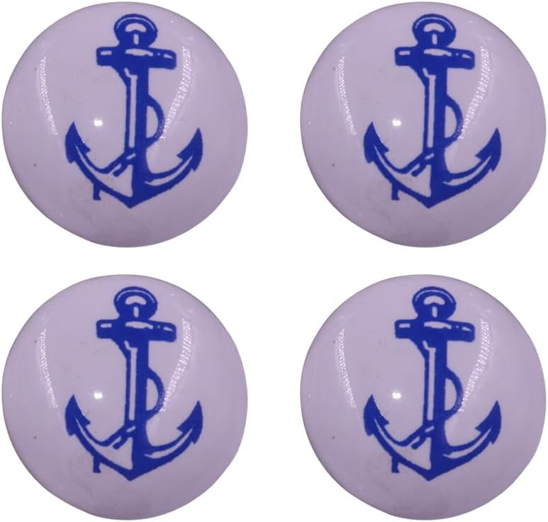 The Metal Magician Cabinet Knobs, Blue Anchor On White Ceramic Aesthetic Kitchen Cabinet & Furniture Knobs (Set of 4)