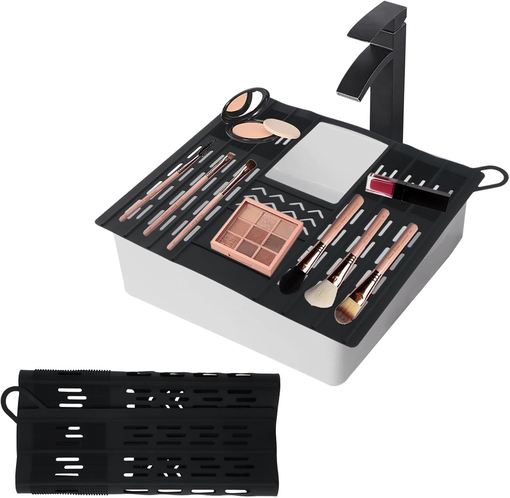 Bathroom Sink Cover for Counter Space, Heat-Resistant Silicone Makeup Organizer Mat for Over Countertop, Foldable Sink Organizer with Hanging Loop, Makeup Brush Cleaning Mat(COLOR:Black)