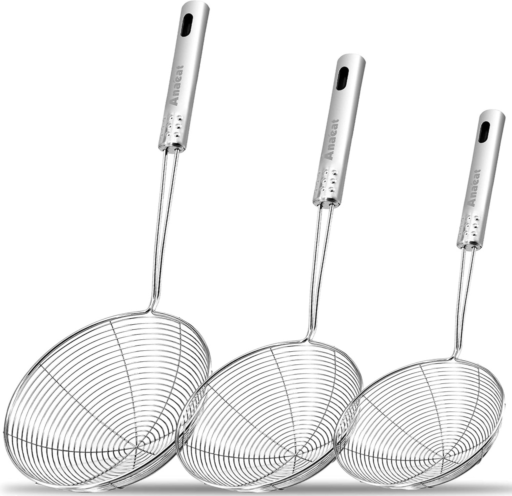 Anaeat Stainless Steel Spider Skimmer, Set of 3 Professional Kitchen Pasta Strainer Spoon with Long Handle - Asian Strainer Ladle Wire Skimmer Spoons for Cooking and Frying (4.5"+5.3"+6.1")