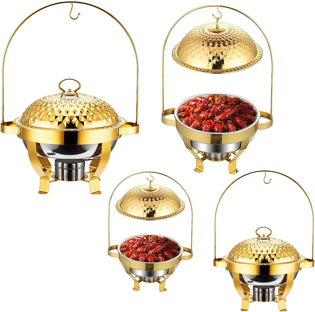 Buffet Skillet Serving Tray with Hanging Lid - Buffet Food Warmer Set , Buffet Utensils and Warming Equipment, Stainless Steel Buffet Crock Pot, Heatable Buffet Tea Tray Set(Size:4.5L,Color:Gold)