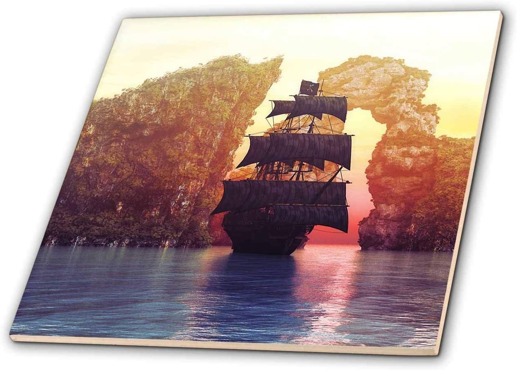 4 Inch Ceramic Tile - A magnificent pirate ship anchored off an island group by the sunset Simone Gatterwe Designs Vehicles