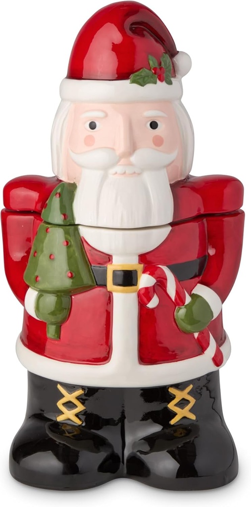 Nutcracker Parade Santa Cookie Jar – Hand-Painted 3D Ceramic Christmas Jar for Cookies, Treats & Holiday Décor – Festive Storage Featuring Santa Claus with Tree and Candy Cane