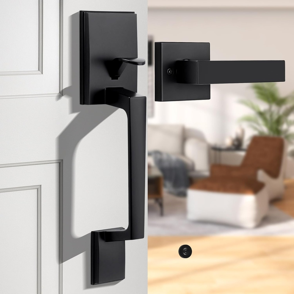 Black Front Door Handle Set with Passage Lever, Deadbolt Not Included, Exterior Lower Half Grip Trim, Works with Single Cylinder or Smart Deadbolts