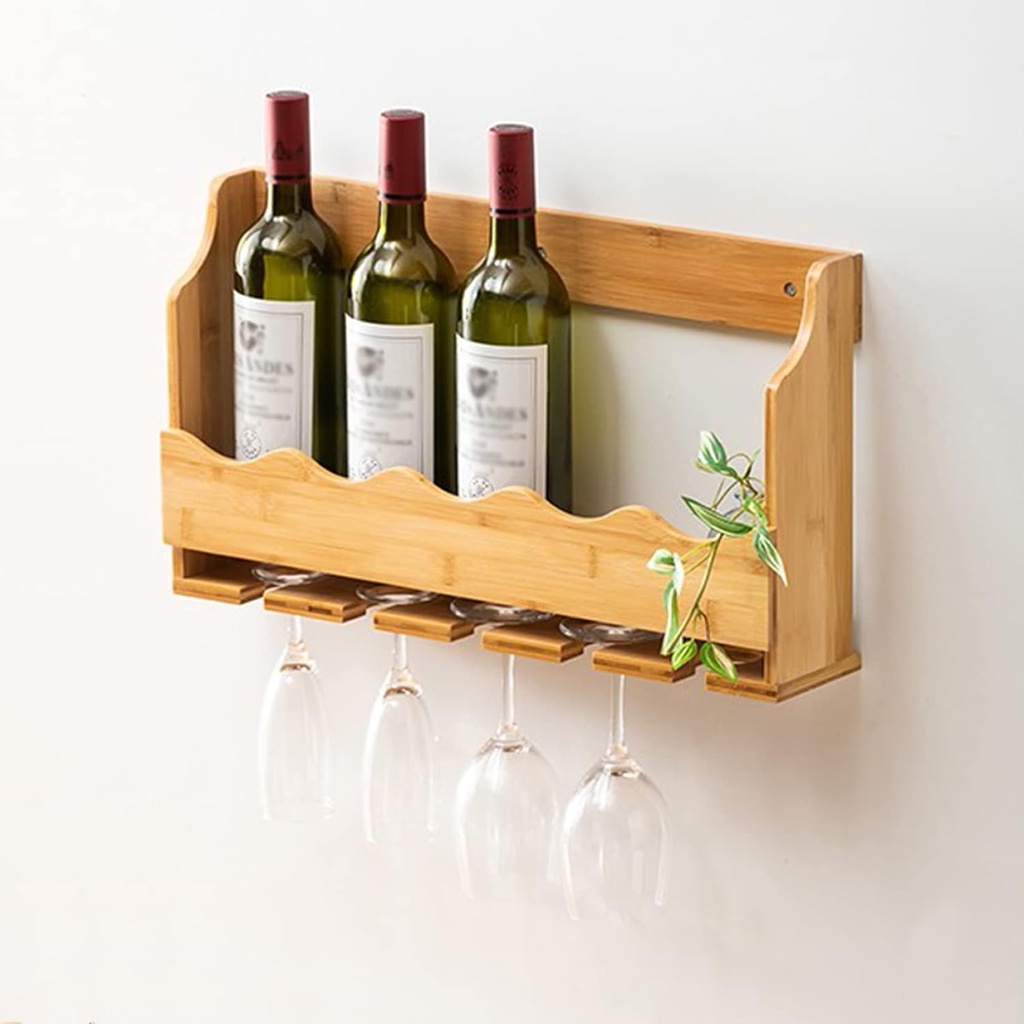Wine Bottle Glass Rack Wall Mounted - Vintage Style - Holds 5 Bottles of Your Favorite Wine - Elegant Storage for Kitchen, Dining Room, Bar, or Wine Cellar (Wood)