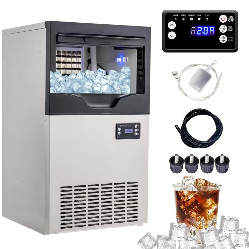 Commercial Ice Maker Machine 100lbs/Day, Stainless Steel Under Counter ice Machine, Ice Ready in 5-15 min, 30lbs Ice Storage Capacity, 6 Levels of Ice Thickness Adjustment
