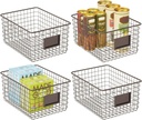 mDesign Large Steel Storage Organizer Bin Baskets with Label Slot for Kitchen Pantry, Cabinet, Cupboard, Organizing Holder for Food, Drinks, Snacks, Produce, Omaha Collection, 4 Pack, Bronze