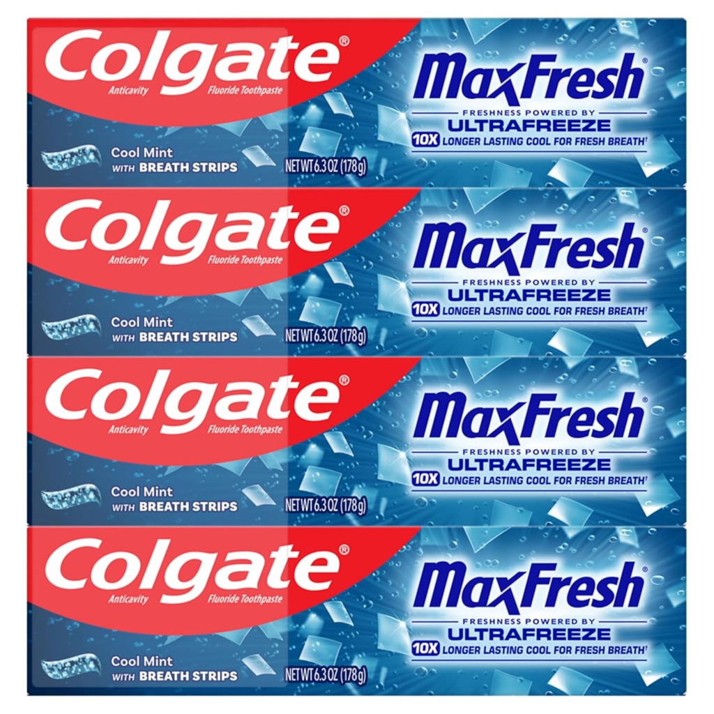 Colgate MaxFresh Cool Mint Toothpaste Pack, Fresh Breath Toothpaste with Fluoride and Hundreds of Mini Breath Strips, Leaves Mouth Feeling Refreshed for Hours, 4 Pack, 6.3 oz