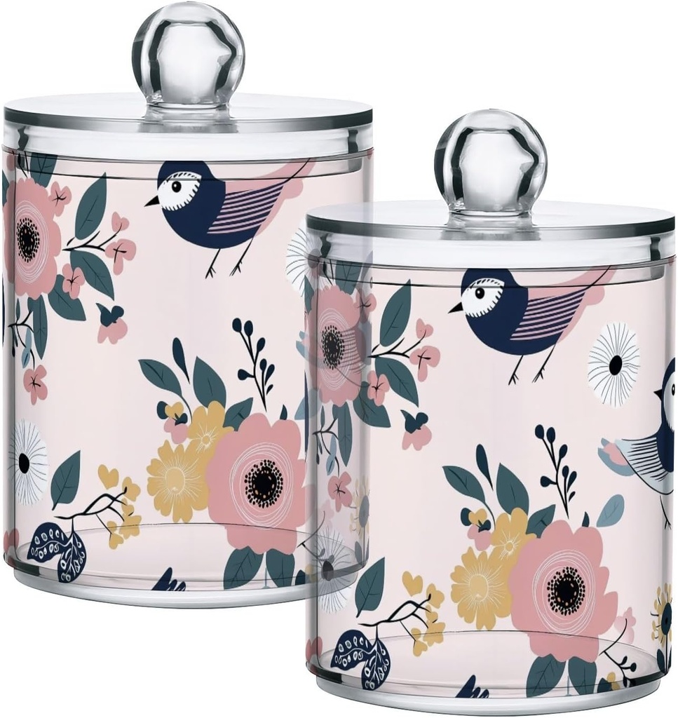 Acrylic Plastic Clear Jar with Lid, Birds Flowers Leaf Airtight Storage Jar 2 Pack Kitchen Storage Containers for Cookie Snack Candy