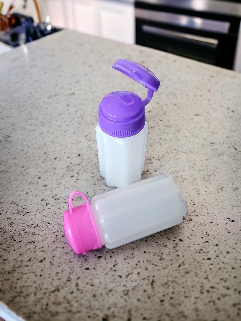 Handy Housewares Spill-Proof Flip-Lid Mini Salt & Pepper Shakers | Compact Durable Plastic Travel Spice Dispenser Set for Lunch Bags, Camping & Outdoor Cooking | Pink and Purple (1 Pair)