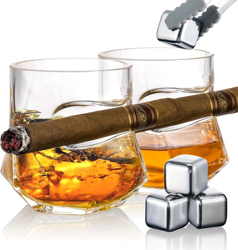 YouYah Cigar Whiskey Glasses with Cigar Holder-Set of 2,Cigar Accessories,Crystal Glass with 4 Ice Cubes,Tong & Indented Cigar Rest,Rocks Glass,for Brandy,Cocktail,Vodka,Gifts for Men