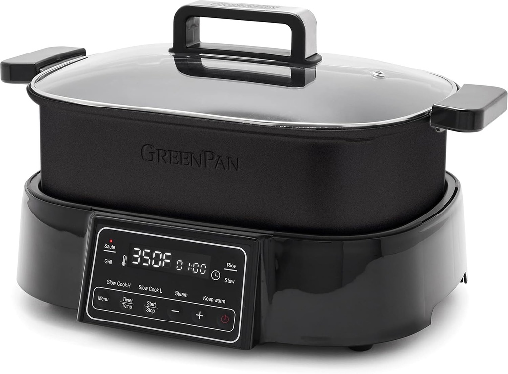 GreenPan 6.5QT Multi-Cooker Skillet Grill & Slow Cooker, 8-in-1 Presets to Saute,Steam, Grill, Stew, Stir-Fry,Heat, & Cook Rice, Healthy Ceramic Nonstick & Dishwasher Safe Parts, Matte Black