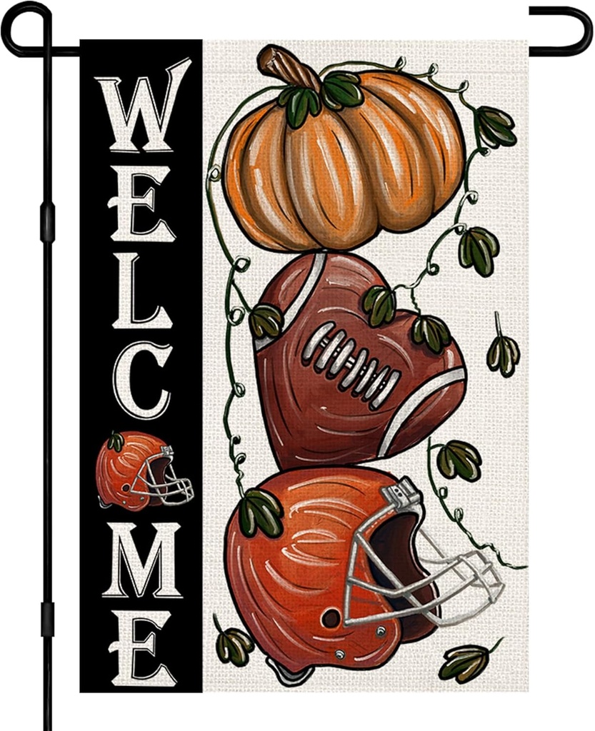 Fall Football Welcome Garden Flags 12x18 Inch Vertical Double Sided, Pumpkin Autumn Sports Game Day Sign Thanksgiving Seasonal Yard Outside Decor DF330