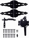 HOME MASTER HARDWARE Wood Gate Hardware Set - Heavy Duty 8" Decorative Strap Hinges and Spring Loaded Latch Kit with Screws for Outdoor Fence Swing Gate Black Finish
