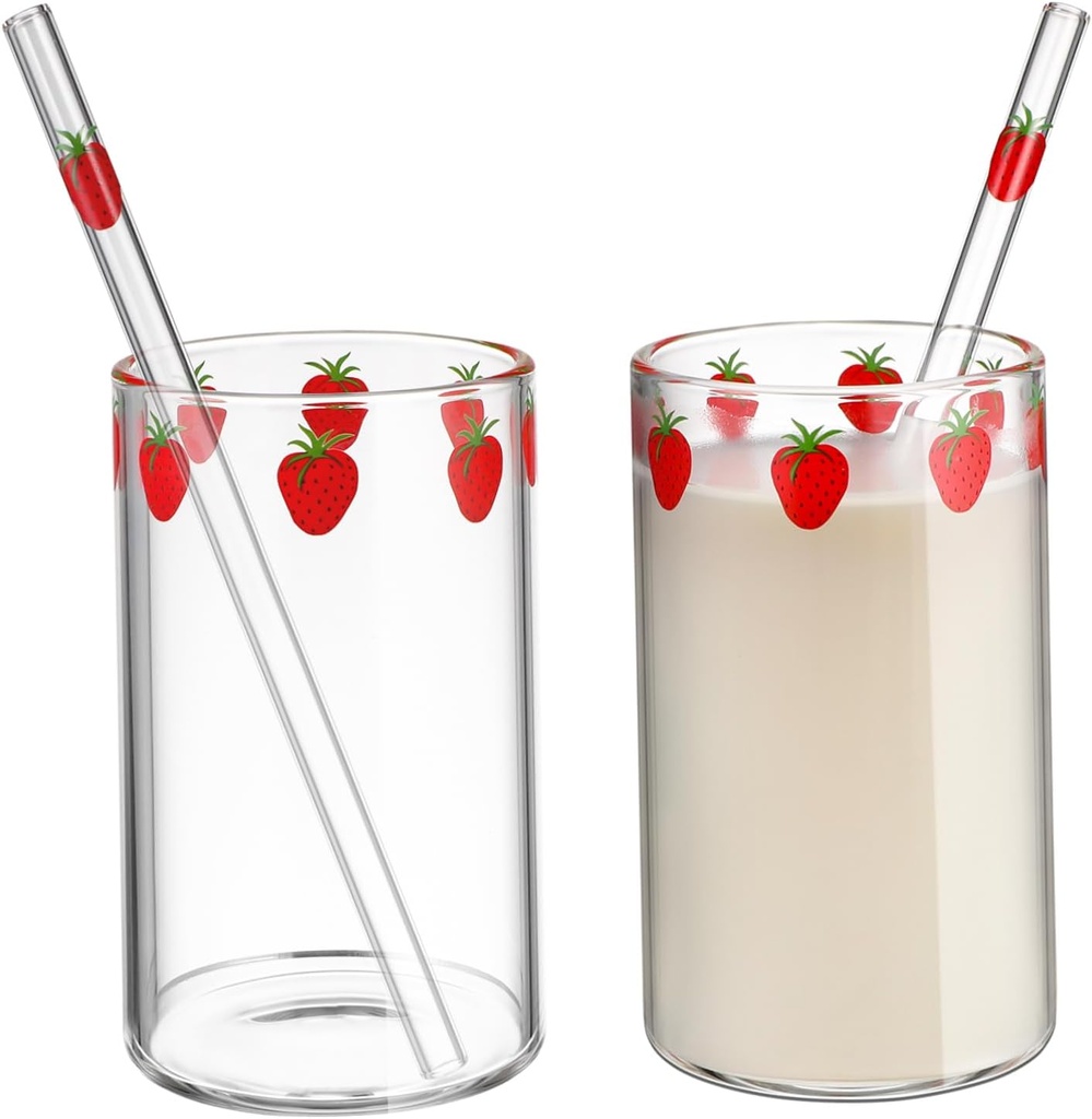 Gatuida Set of 2 Glass Milk Cups Strawberry Design for Tea Coffee Juice Hot Water for Friends Random Style