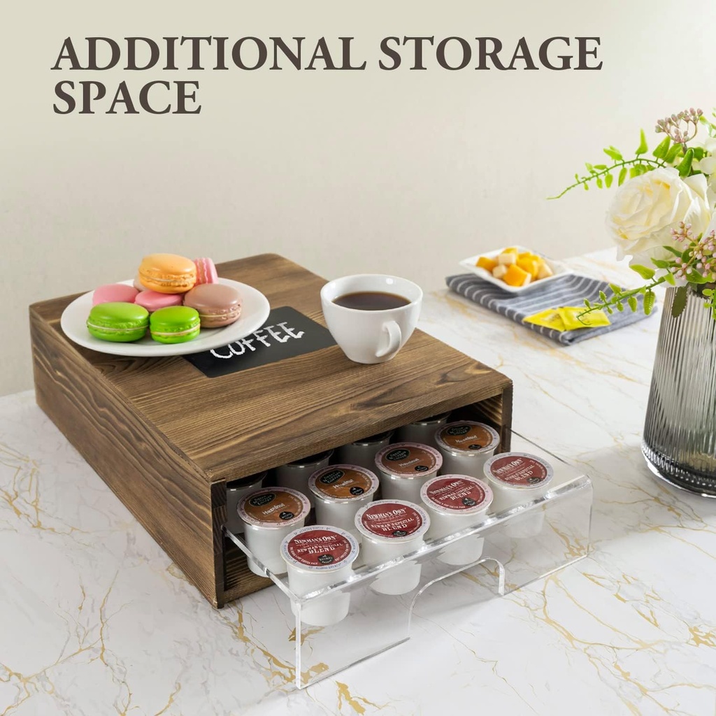 MyGift 24 Capsule Capacity Rustic Burnt Solid Wood Coffee Pod Holder Drawer with Erasable Chalkboard Label and Removable Premium Clear Acrylic Storage Tray, Compatible with K-Cups