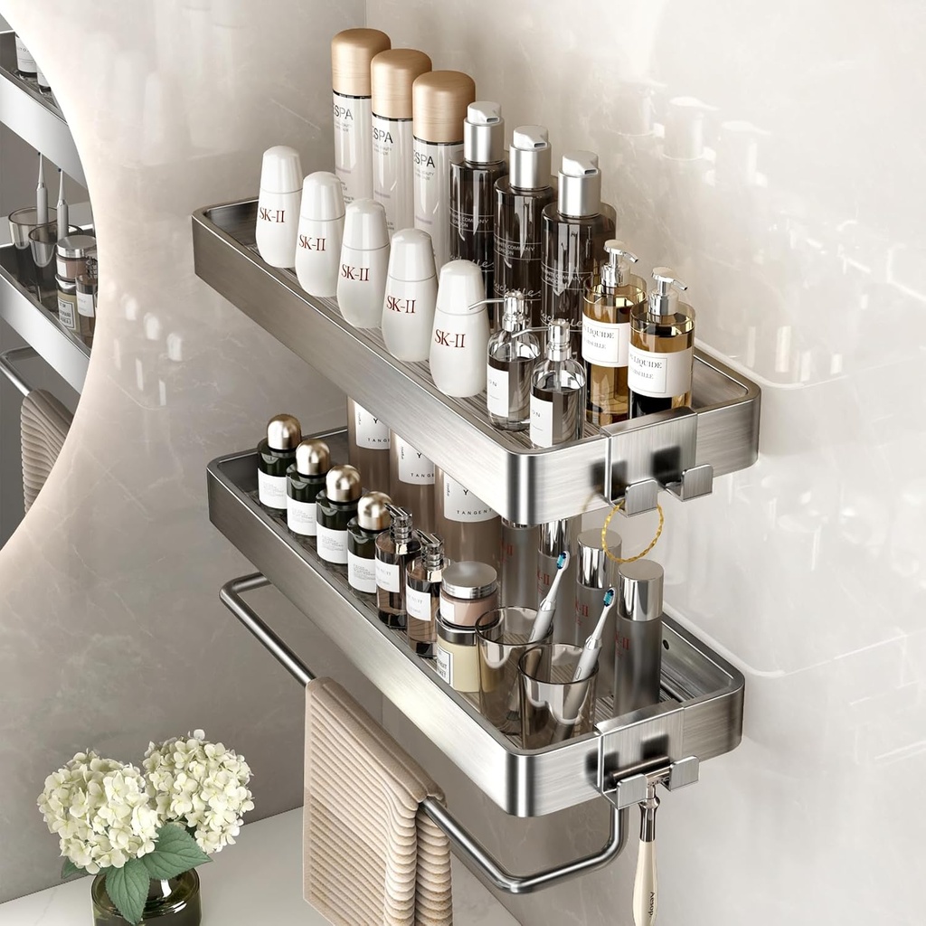 VOLPONE Stainless Steel Wall Mounted Bathroom Shelves - 2-Tier Floating Shelf with Removable Hooks (Brushed Nickel)