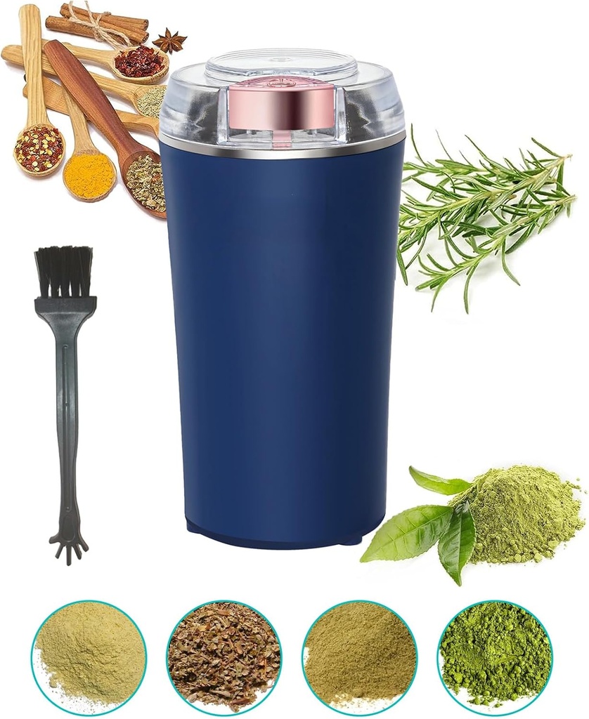 Electric Herb Grinder 200W Powerful Fast Grinding for Dry Spices Flower Buds with Brush, Easy On/Off One-Touch Push Button Powder Grinder Perfect For Herbs, Spices, Nuts, Grains and Coffee Beans