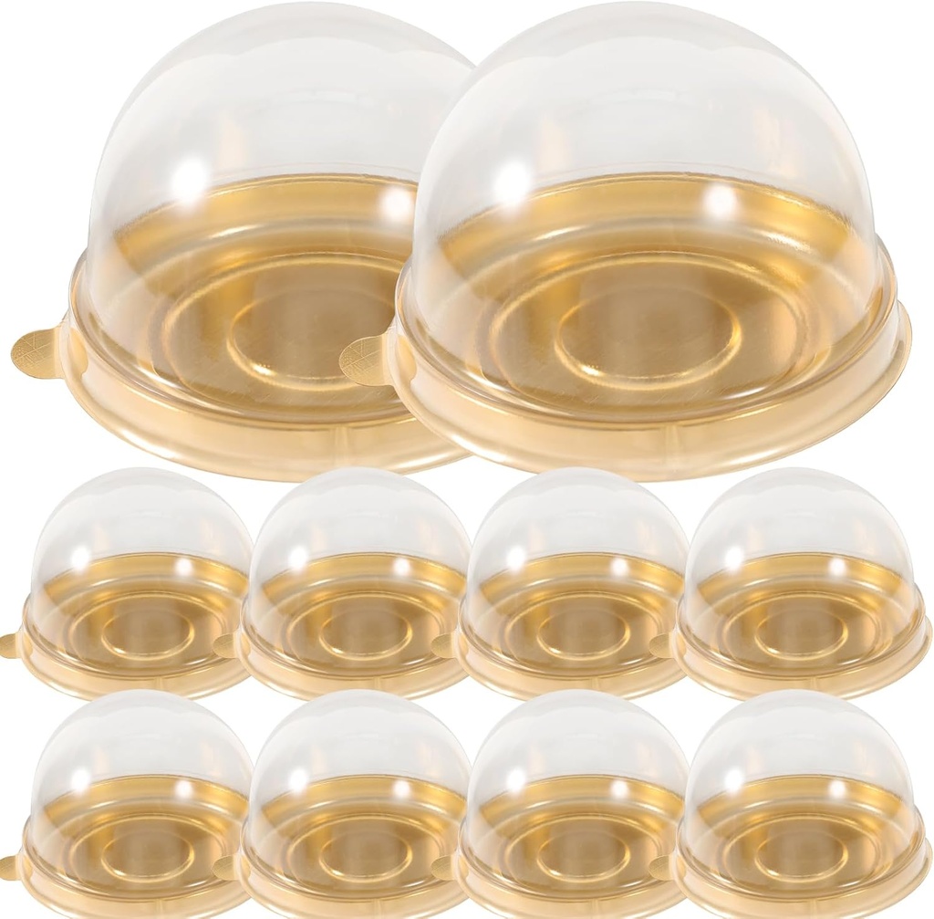 VOSAREA 50pcs Clear Plastic Mini Cake Boxes Small Dome Cake Boxes with Covers Dome Cupcake Boxes Packing Boxes Clear Mousse Container Mini Cupcake Boxes Display Holder (Golden)