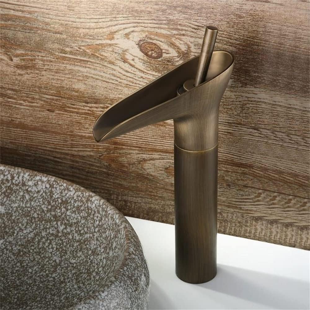 Classic 1-Hole Single Lever Vessel Sink Waterfall Faucet Solid Brass in Antique Brass (Antique Brass)