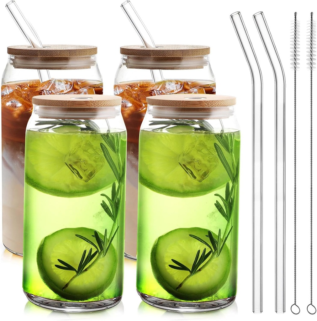 HOMBERKING Glass Cups with Bamboo Lids and Straws 4pcs Set, 16oz Can Shaped Drinking Beer Glasses, Iced Coffee Cups, Cute Tumbler with 1 Cleaning Brush, Ideal for Cocktail, Whiskey, Tea, Gift