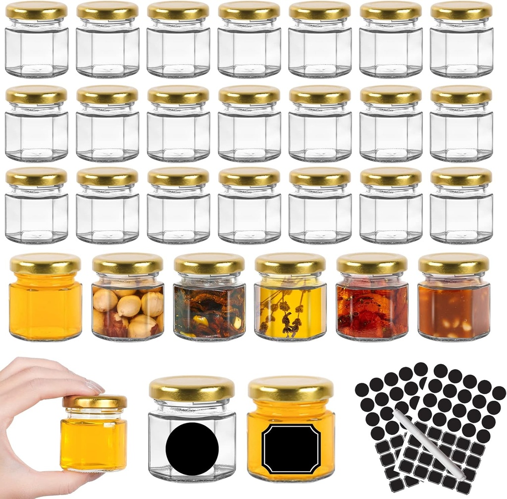 Keketin 1.5oz Honey Jars,30 Pack Hexagonal Glass Jars with Gold Lids,45ml Small Canning Jar Mini Storage Glass Jars for Jams,Fruits,Spices,Nuts,Jellies,Baby Foods