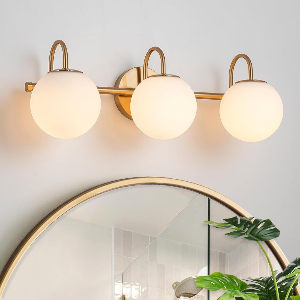 Bathroom Vanity Light, 22.6-Inch Modern Dimmable 3-Light Bathroom Light Fixture Over Mirror, Brass Finish with Frosted Glass Globe Wall Sconce