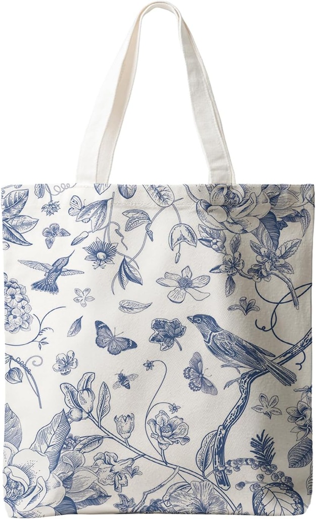 Horaldaily Canvas Tote Bag, Blue Print Reusable Shoulder Tote Bag for Women Lady Casual Vacation, Shopping, Work, Gym