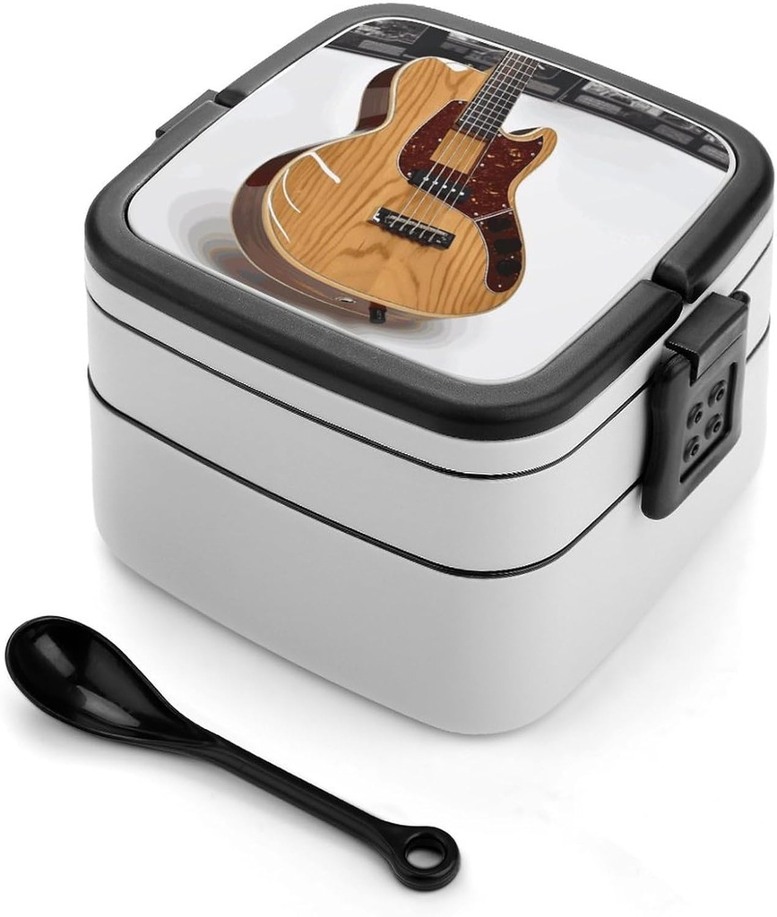 Bento Box Stackable Lunch Box with 2 Compartments Leak-Proof Food Storage Containers Guitar Musical Instrument Bento Lunch Box for Adults Lunch Containers with Utensil Set