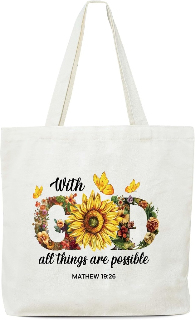 Women's Canvas Tote Bag, With God All Things Are Possible Bible Tote With Sunflower Design, Christian Gifts For Women And Friends, Religious Reusable Shopping Bags With Handles-06