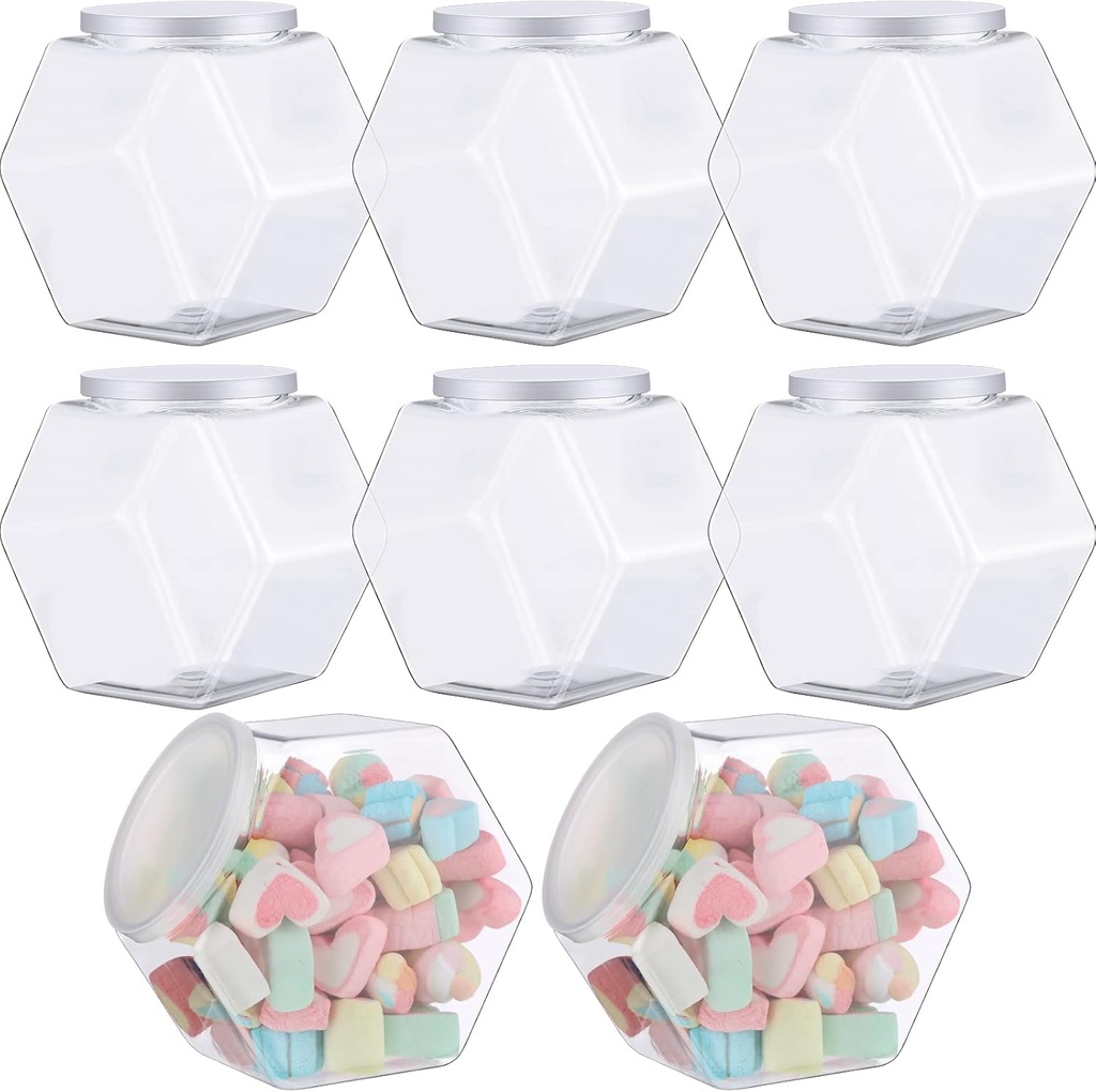 Yahenda 8 Pcs Hexagon Plastic Jars Cookie Jars with Airtight Lids Clear Candy Jar Wide Round Mouth Snacks Dog Food Candy Containers Reusable Coffee Display for Gifts and Storage(30 oz)