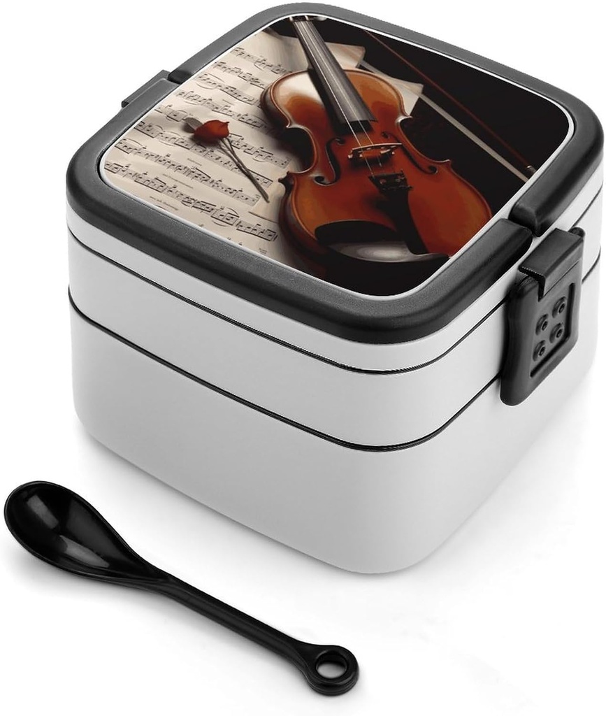 Bento Box Stackable Lunch Box with 2 Compartments Leak-Proof Food Storage Containers Violin Sheet Music Bento Lunch Box for Adults Lunch Containers with Utensil Set