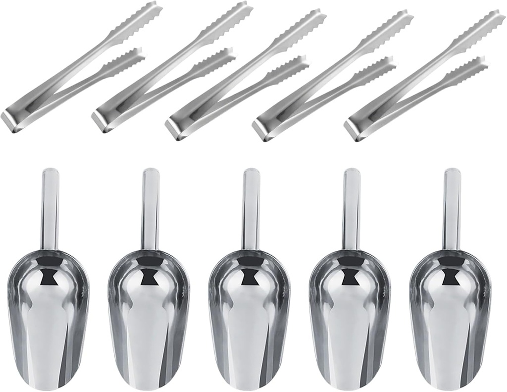 5Set Sweet Candy Buffet Ice Tongs & Scoops, 5 Oz Stainless Steel Mini Candy Scoops Small Ice Serving Tongs Teeth Shovel Scoop Buffet Clip for Cocktail Whiskey Tea Party Dessert