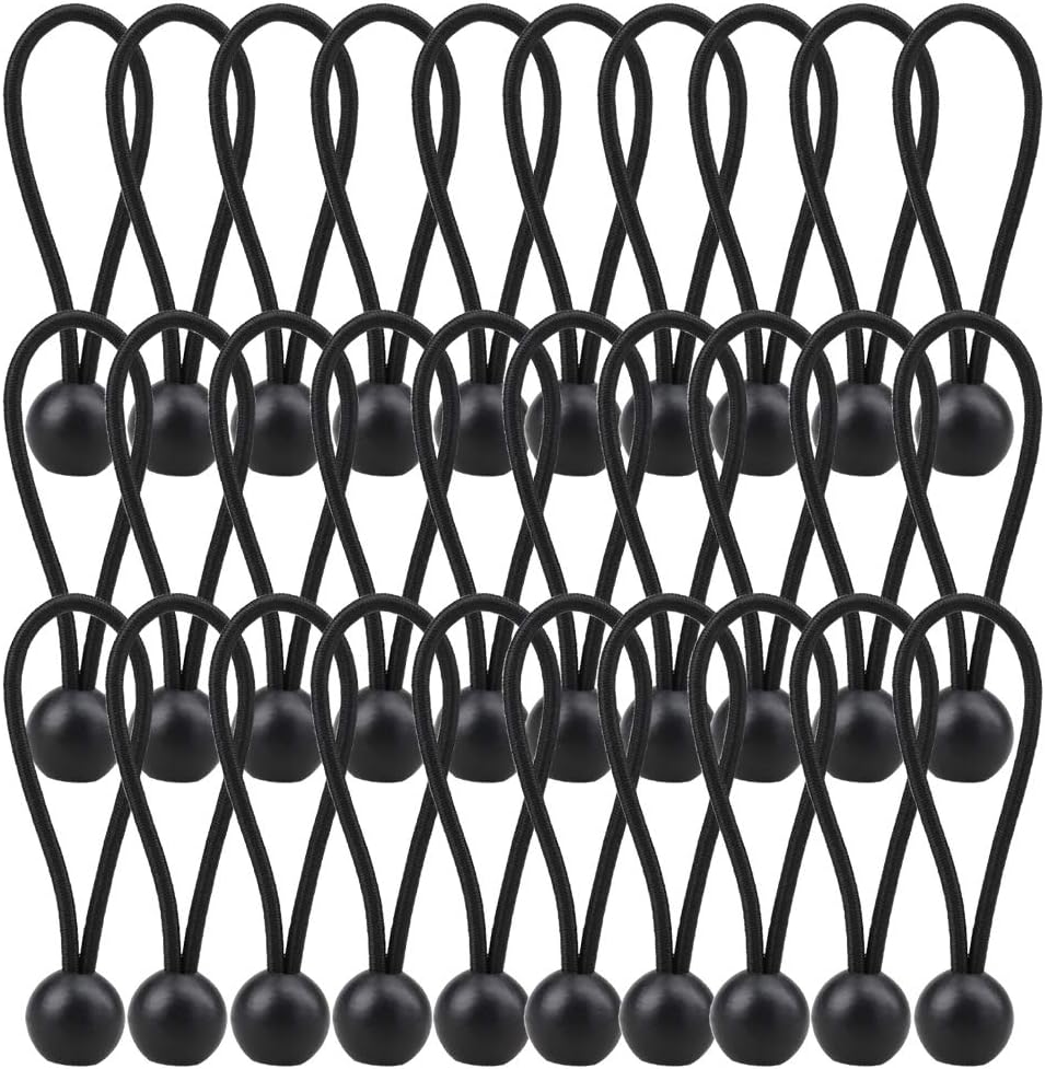 AOPRIE 30 Pack Bungee Balls, Black Ball Bungee Heavy Duty Heavyweight 4 inches Tarp Bungee Cords, Weather Resistant Tie Down Strap 4mm Thickness - for Camping, Tents, Cargo, Holding Wire and Hoses