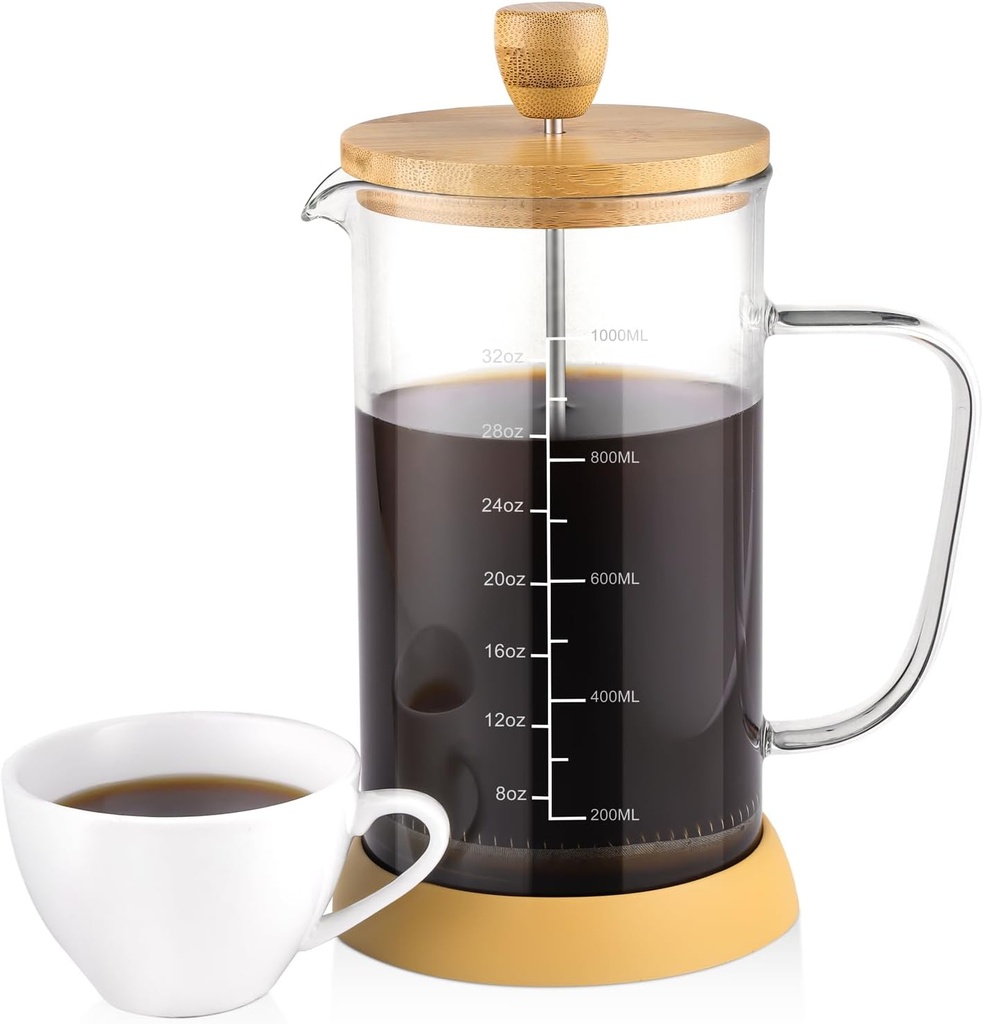wedrink French Press Coffee Maker 34oz - Thicken Heat-Resistant Borosilicate Glass Bamboo Lid Plastic Free Coffee Press (1000ml)