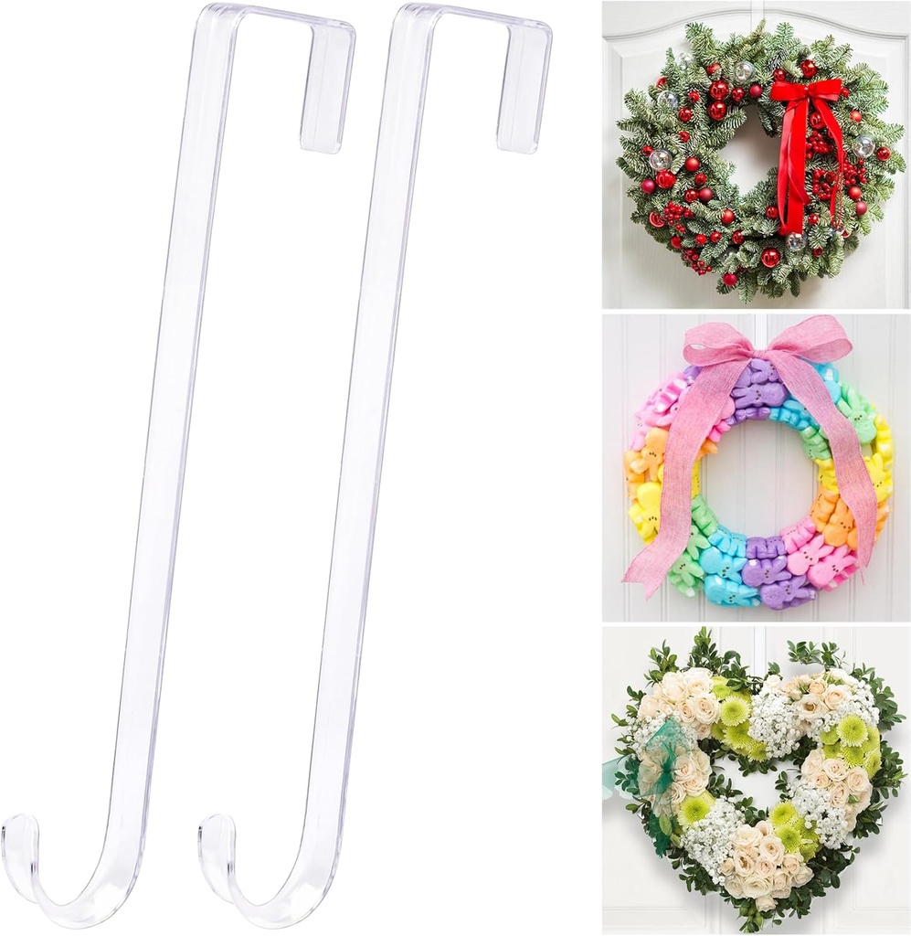 12" Clear Wreath-Hanger Non Scratch Over The Door Hooks,2 Pack Easter Halloween Christmas Decoration Welcome Sign for Front Doors Décor Inside Outside,Slim Hangers Organizer for Home