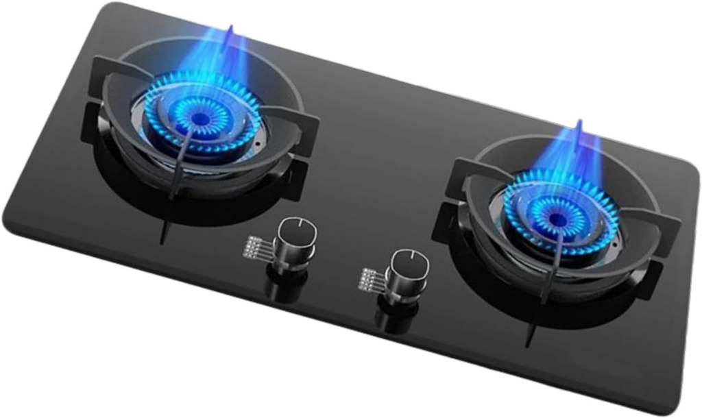 Gas Cooker 2 Burner,4.8KW Kitchen Counter Top Stove,Tempered Glass Cast Iron Pot Holder,with Flameout Protection,for Home Motor Home Camp(NG)
