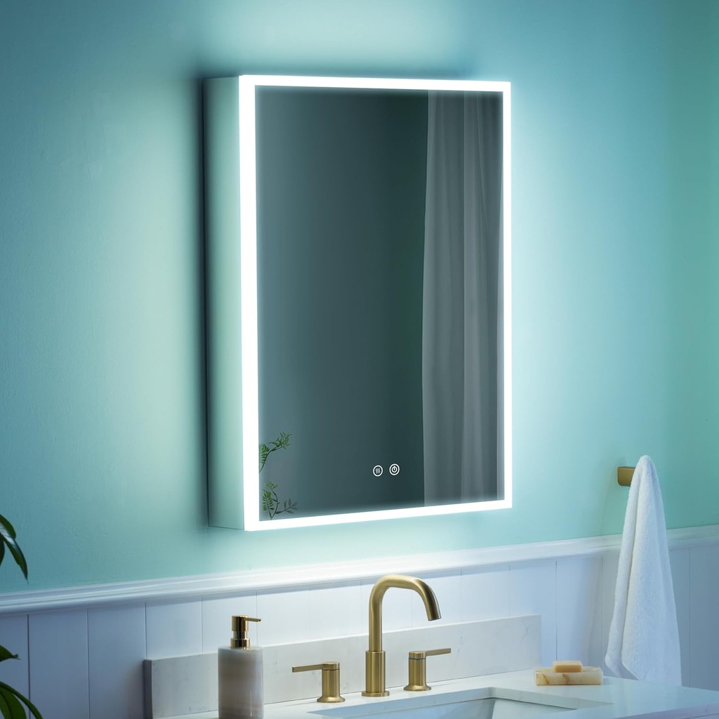 WELLFOR 24" X 30" Medicine Cabinet With Lights, 3X Magnification, Anti-Fog Mirrored Cabinet, Bathroom Vanity With Outlets & USB Ports, Right Opening Door