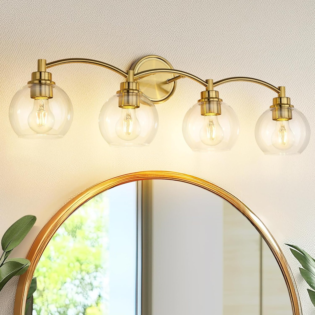 Gold Bathroom Vanity Light, 4-Light Bathroom Light Fixture with Globe Glass, Modern Wall Sconce, ZCVL02GD-4