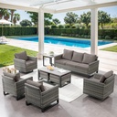 9 Piece Wicker Patio Furniture Set - Outdoor Swivel Rocker Chairs Set with Coffee Table, Rattan Chairs, 3 Seat Sofa & Ottomans, Patio Conversation Sets for Bcakyard Deck - Grey/Grey