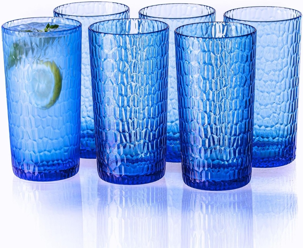 22oz Blue Acrylic Glasses Drinkware (Set of 6), Honeycomb Stackable Shatter-Proof Plastic Cups, Reusable Plastic Drinking Tumblers, BPA-Free, Dishwasher-Safe