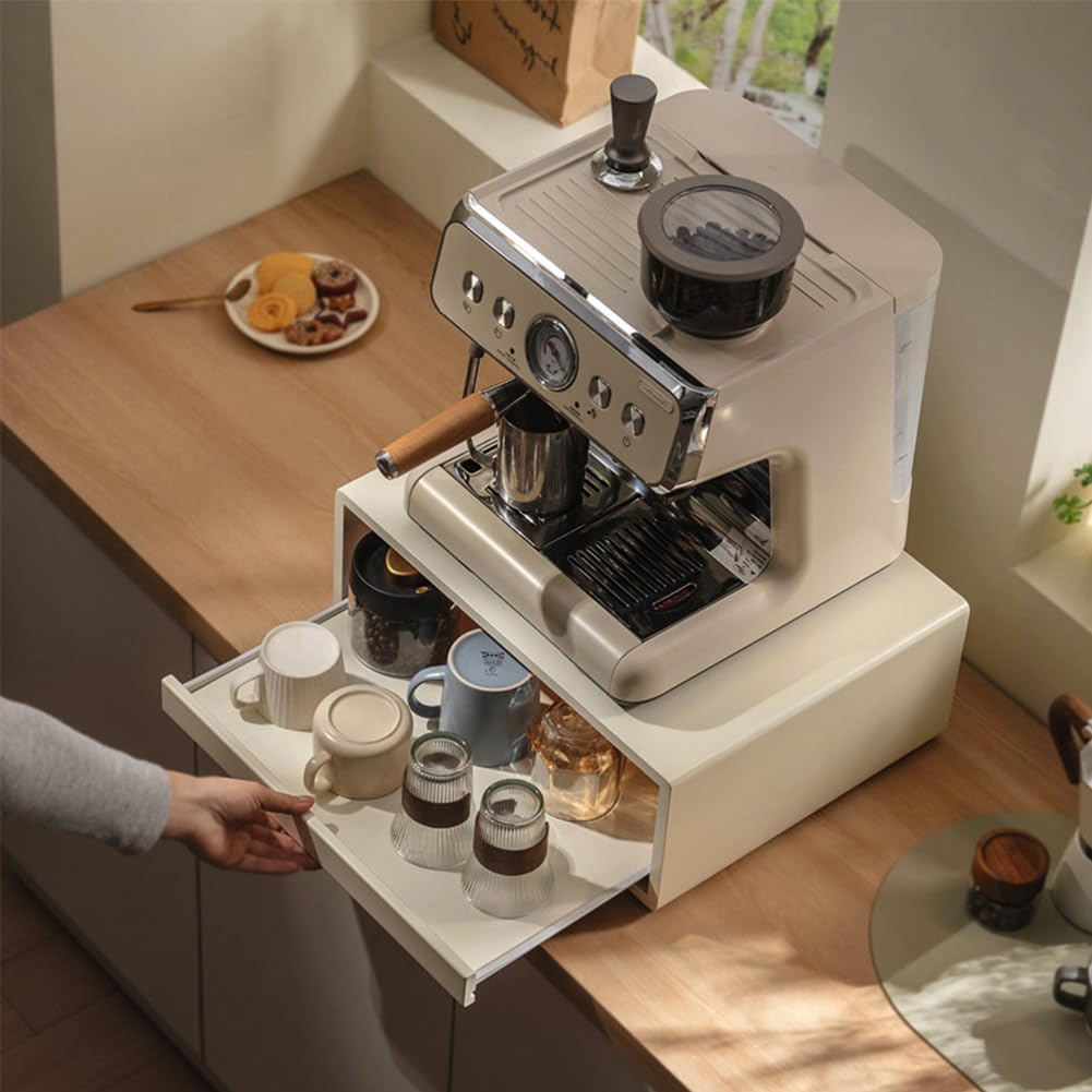 Bamboo Coffee Bar, Layered Storage Coffee Bar Station, Coffee Pod Holder with Drawer for Kitchen Livingroom (White)