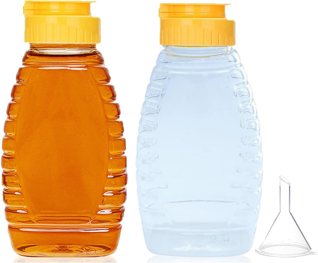 2 Pack Empty Plastic Honey Bottles with Funnel, 180ml Squeeze Honey Jars Leakproof Honey Dispenser No Drip Lids Condiment Container for Ketchup Mustard Salad Dressing Sauce Syrup Oil Epoxy, BPA Free