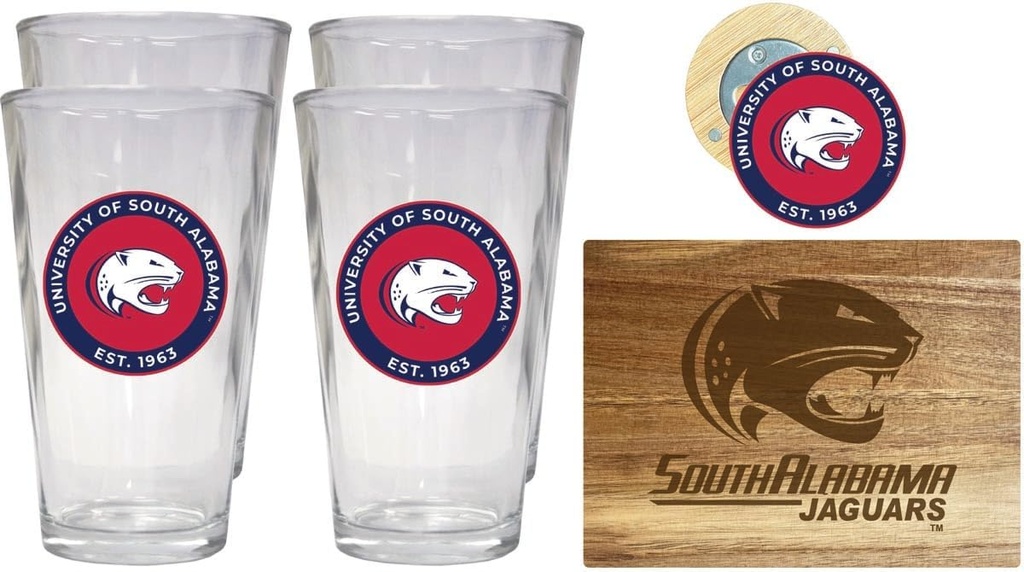 R and R Imports University of South Alabama Officially Licensed Kitchen Pack - Wood Cutting Board, 4 Pint Glasses & Magnetic Bottle Opener
