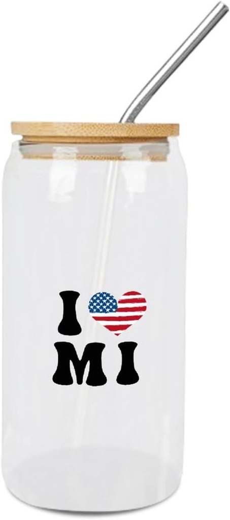 Glass Cups with Bamboo Lids And Straw 16 Oz, I Love Michigan Iced Tea Glasses Drinking Glasses Set Tumbler Glass Can Coffee Cups, Drinking Glassware