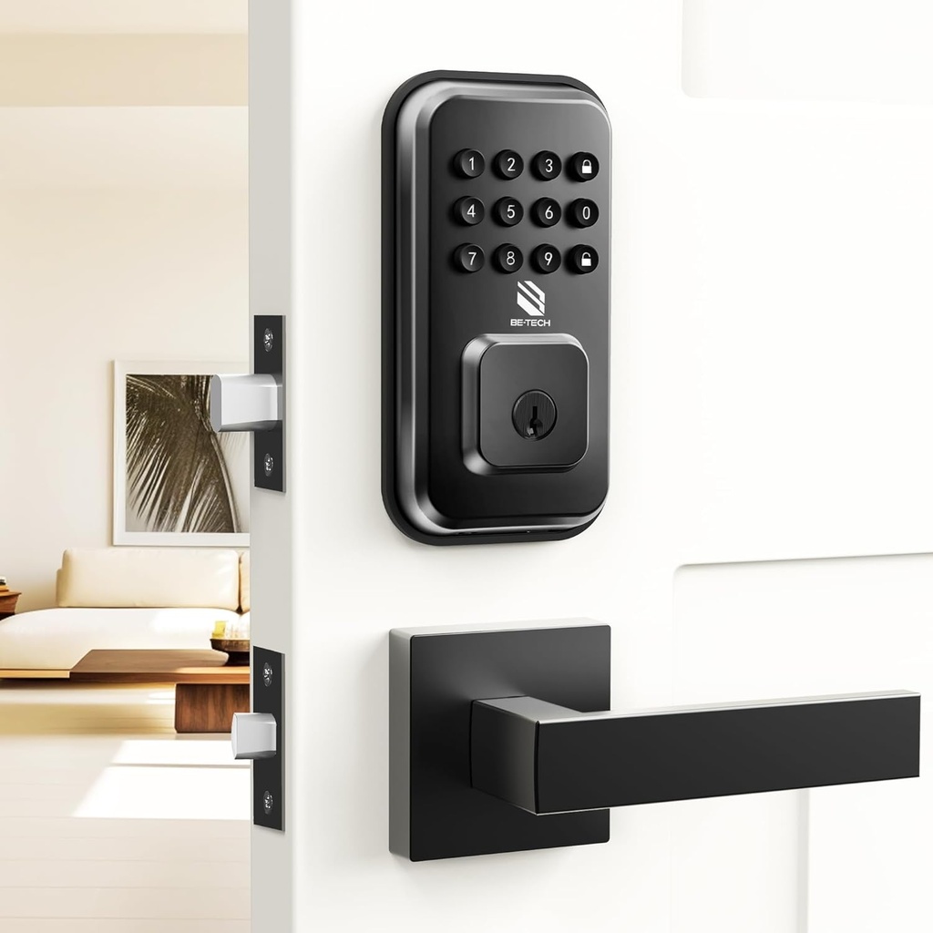 [BRSRAAYQAECRADY2] BE-TECH Keyless Entry Smart Door Lock with 2 Lever Handles, Electronic Front Door Locks Set, Digital Keypad Deadbolt, Auto Lock, One Time Codes, Anti Peeping Code, Easy Installation, Black