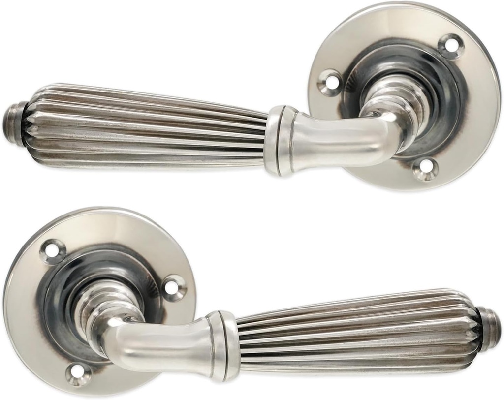 Infinity Decor Vintage Style Pair of Regency Reeded Mortice Lever on Rose Door Handles Set in Aged Nickel Finish - Door Pull Handles for Interior & Exterior Doors