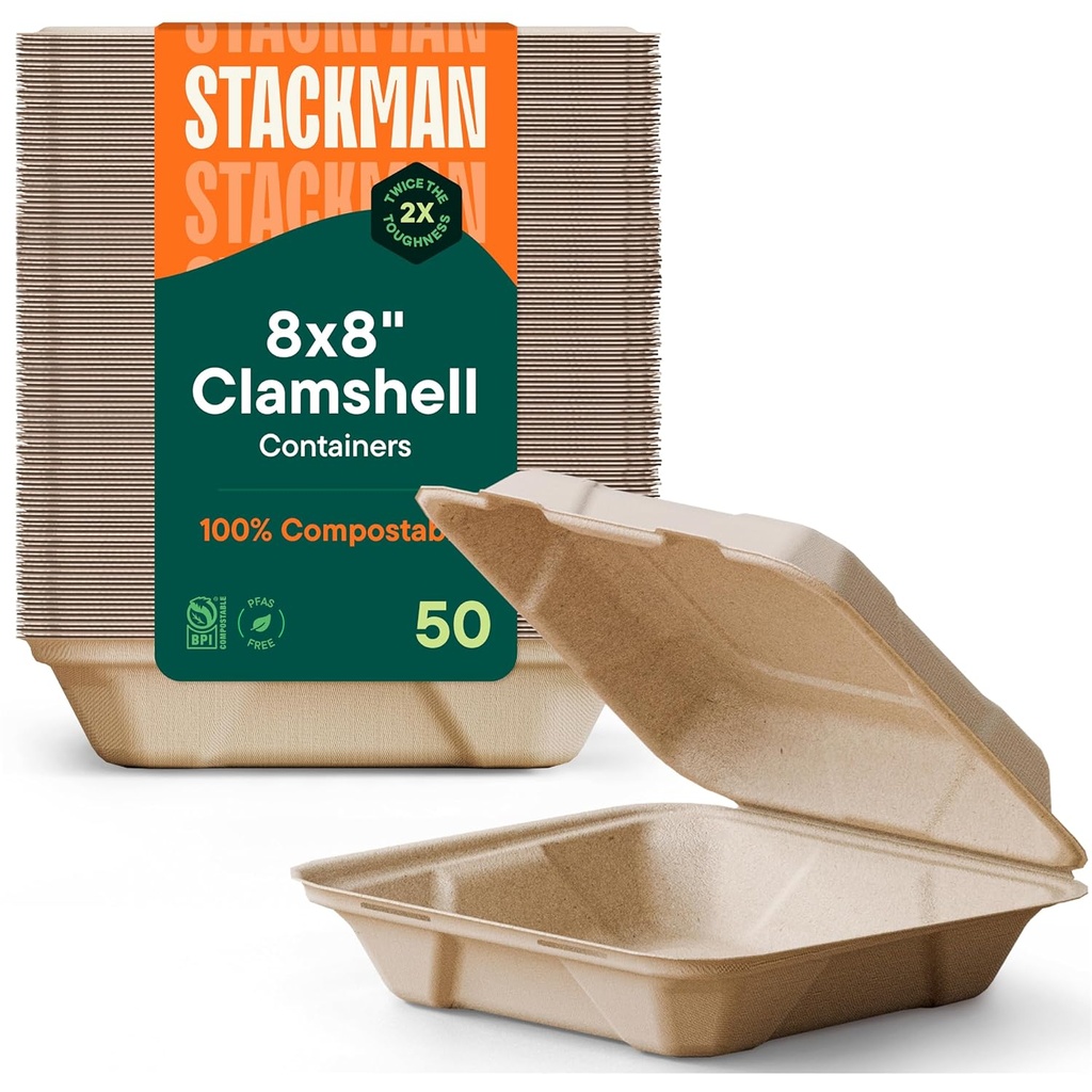Stack Man 100% Compostable Clamshell Take Out Food Containers [8X8 50-Pack] Heavy-Duty Quality to go Containers, Natural Disposable Bagasse, Eco-Friendly Biodegradable Made of Sugar Cane Fibers